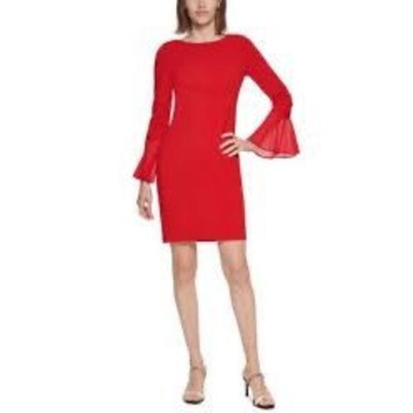 Calvin Klein Size 10 Chiffon Bell Sleeve Shift Dress Bright Red Cocktail Party - Picture 1 of 13